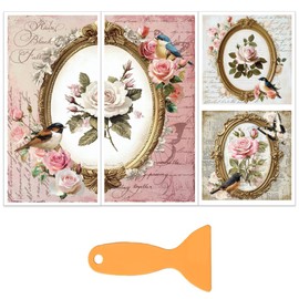 OLYCRAFT 3pcs/Set Vintage Photo Frame Rub on Transfers for Furniture and Crafts 15x30cm Flowers Birds Furniture Decals Transfer Stickers Rub on Decal with 1pc Scraper for Furnitures Home Decoration