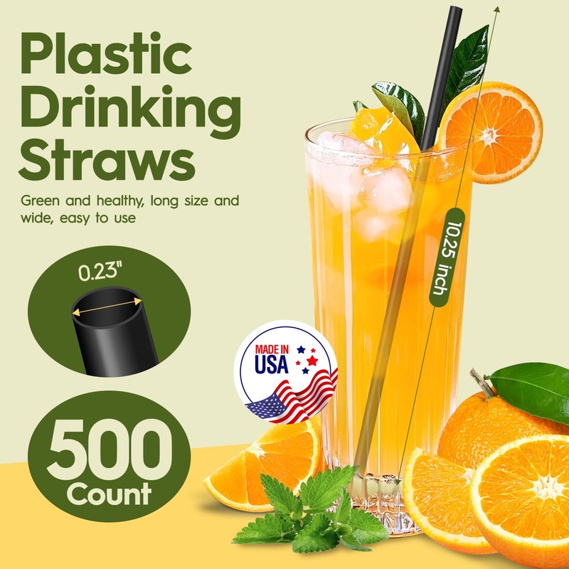 Delxo 500 Count Individually Wrapped Black Plastic Straws - 10.25