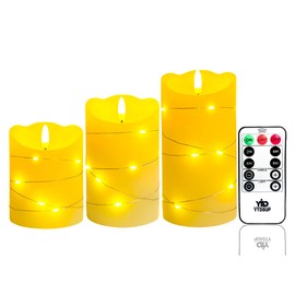 YTDSUP LED Flameless Candles Set of 3, Flickering Real Wax Candles with Remote and Timer, Battery Operated Embedded String Lights LED Candles Light for Festival Home Party (D 3" x H 4" 5" 6" - Ivory)