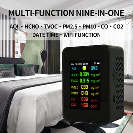 Tuya Wifi Portable Air Quality Meter 7in1 PM2.5 PM10 Carbonic Oxide CO2 TVOC HCHO AQI Tester TFT Color Screen Carbon Dioxide Detector with Time and Date Display Function