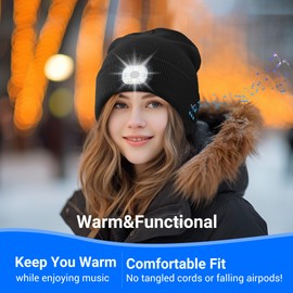 Bluetooth Beanie Headphone Hat with Light, Unique Tech Gifts for Men Women Rechargeable LED Skullcap Winter Beanie with Light Black