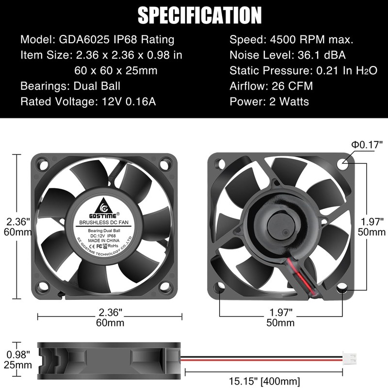 GDSTIME 60mm x 25mm 12V DC IP68 Waterproof Fan Dual