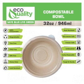 [400 Pack] 32 oz Round Disposable Compostable Paper Bowls with Lids Heavy-Duty, Eco-Friendly Natural Bagasse Unbleached, Heat Resistant, 100% Biodegradable Salad Bowls Alternative to Plastic