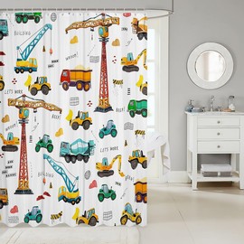Kid Excavator Shower Curtain, Tractor Machinery Trucks Shower Curtain, Construction Vehicle Bathroom Curtains For Boys, Bulldozer Crane Bath Curtain Equipment Truck Bath Curtain, 72" W x 72" L