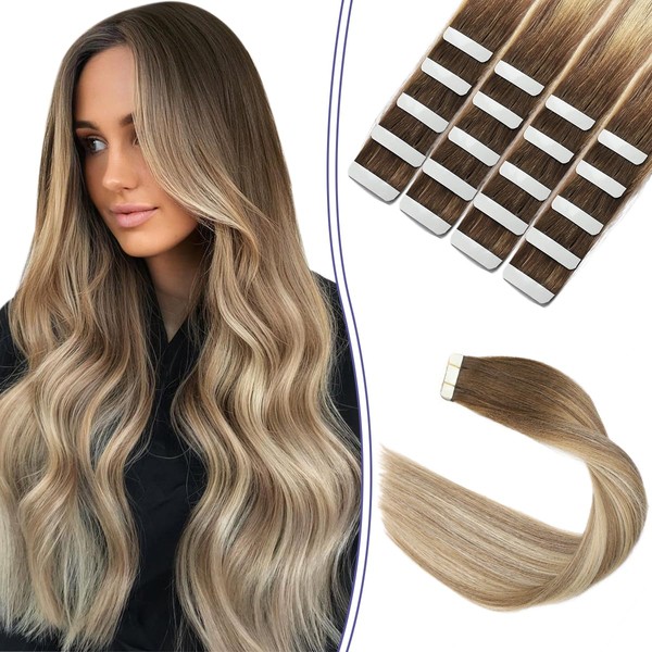 Sindra Tape-In Real Hair Extensions, Walnut Brown to Ash Brown and Golden Blonde, 20 Pieces, 50 g, 35 cm, Remy Real Hair Extensions, Tape Extensions, Real Hair, Silky Straight, Invisible Tape Ins,