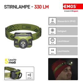 EMOS - Headlamp with focus function - red light - brightness 330lm, beam range 200m - 5 light modes - light duration 87 hours - weatherproof, shock-resistant - adjustable strap - for outdoor use