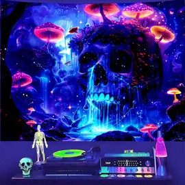 TUGCAY Blacklight Mushroom Skull Tapestry Skeleton Tapestry UV Reactive Waterfall Landscape Tapestries Glow in the Dark Horror Forest Tree Plant Wall Decor for Bedroom Living Room 51.2 x 59.1 inches