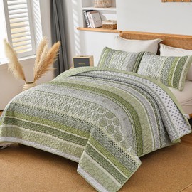 WONGS BEDDING Boho Quilt Set King Size, Sage Green Bohemian 3 Pieces Quilt Sets, Lightweight Bedspread Coverlet Bedding Set for All Season (104"x90")
