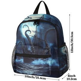 YPPAHHHH Toddler Backpack Kraken Octopus Pirate Ship Kindergarden Kids Bacpack for Boys Girls Preschool Bag Ocean Sea Animal Lightweight Small Travel Rucksack Bag with Bottle Holder