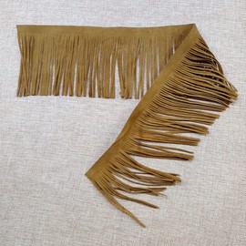 Yalulu 2 Meters Fringe Tassel Trim, Leather Suede Tassel Ribbon, Faux Suede Fringe Trim Embellishment for Handbag Luggage Clothing Sewing Accessories (Light Brown)