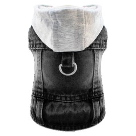 DOGGYZSTYLE Cool Dog Jean Jacket Vest with D-Ring Black Denim Dogs Hoodies Outfits for Small Medium Dogs Cats Boy Male Dog Clothes Costume Dogggie Puppy Harness Coat for Frenchie Walking(Grey Hat,M)