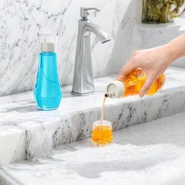Glass Mouthwash Dispenser, 8.8OZ Mouth Wash Container Bottle with Lid Cup, Small Clear Refillable Mouthwash Dispenser Decanter for Countertop/Bathroom/Office，Protect oral hygiene. (1)
