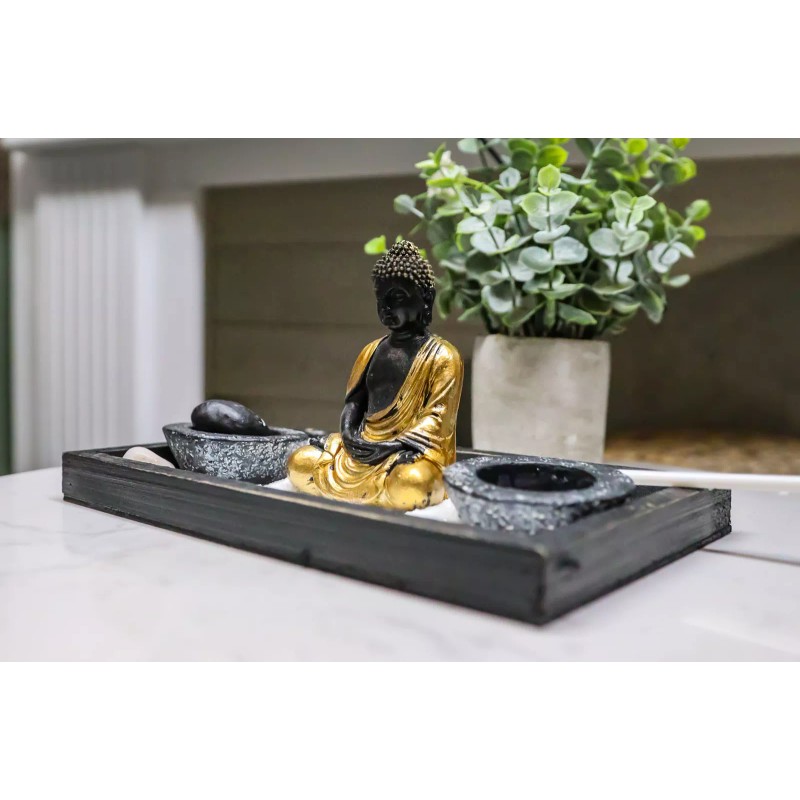 Golden Robe Buddha Monk Zen Garden With Pebbles Sand And