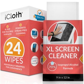 iCloth 70% Isopropyl Alcohol XL Screen and Electronics Wipes, Lint-Free, Streak-Free, Fast-Drying, Removes Dust and Fingerprints (24 Wipes)