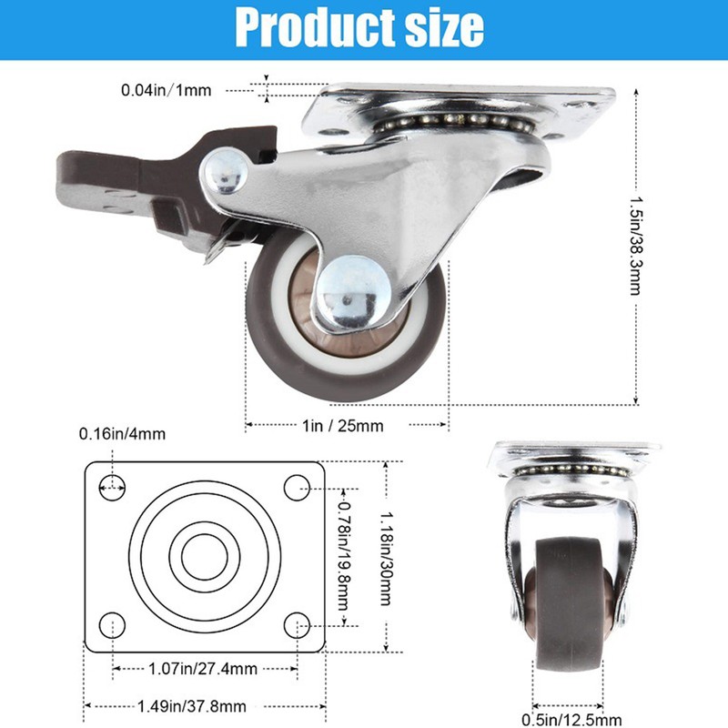4PCS 1in Plate Caster Wheels Swivel Casters Lockable Heavy Load