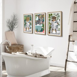 Zebra Lion Monkey on Animal on Toilet Funny Bathroom Wall Art, Canvas Tropical Boho Bathroom Jungle Animal Print, Art Decor, Paintings for bathroom restroom toilet washroom home.12"X16"X3 Unframed