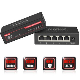 IenRon 5 Port Gigabit Ethernet Switch, Unmanaged 1000Mbps Network Hub, Plug & Play, Fanless Metal Housing, Wall/Desktop Mount for Home/Office/Gaming/Streaming , Black