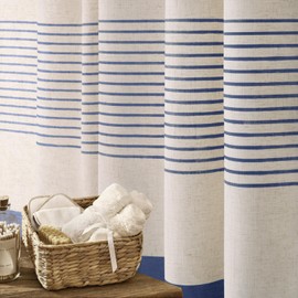 Awellife Blue Farmhouse Shower Curtains for Bathroom,Boho Flax Texture Striped Shower Curtain with Tassels Linen 72x72