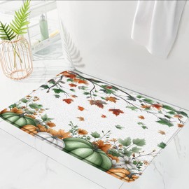 NYCCSM Fall Thanksgiving Bath Mat Harvest Green Pumpkins Maple Leaves Watercolor Autumn Meditation Soft Memory Foam Rug for Bathroom Kitchen,17.8W x29.5H.