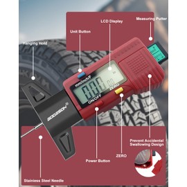 GODESON Red Digital Tire Tread Depth Gauge - 3 Modes (Fractional/Decimal Inch/Millimeter), Zeroable & Accurate, LCD Display,Tire Tread Measure Tool for Cars, Motorcycles, SUV, Trucks & Vans