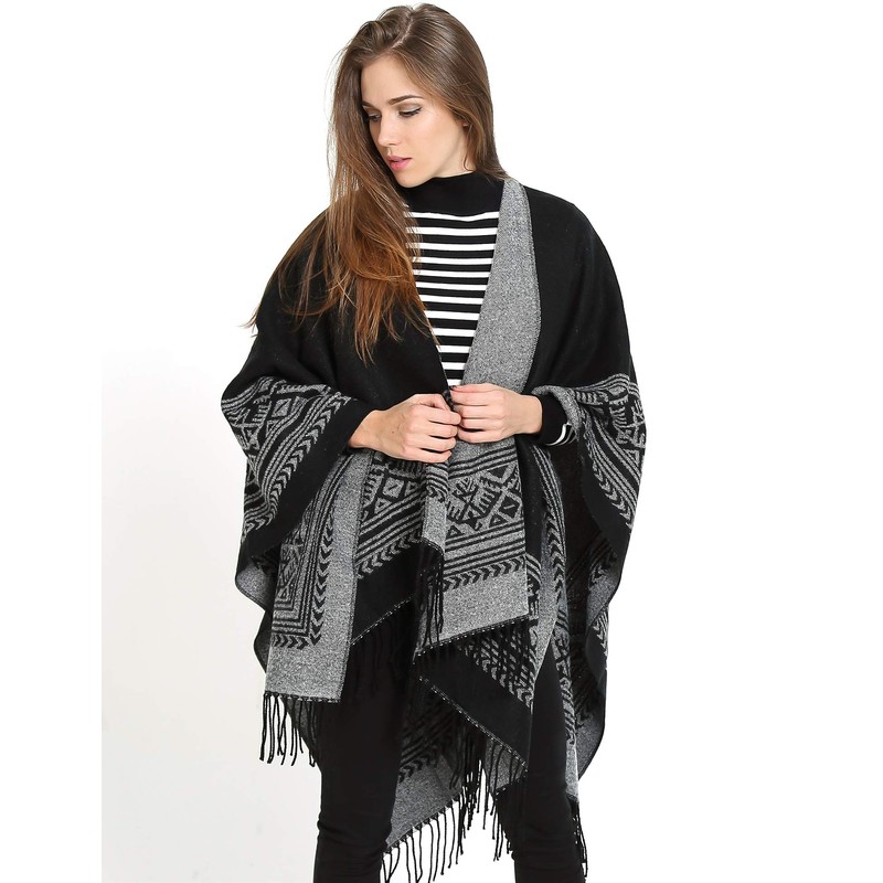 Superora Damen Poncho Cape Umhängetuch Stola Strick-Pullover Karierte Deckenschal Sweatshirt