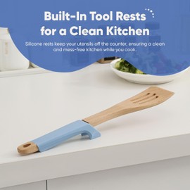 Chef’s Path Wooden Cooking Utensils Set – 5-Piece Beech Wood Kitchen Utensils Set with Silicone Spoon Rest, Wooden Spatula, Serving Spoon, Wooden Spoons for Cooking & Rotating Utensil Holder, Blue