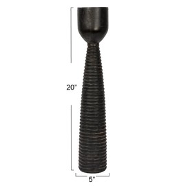 Bloomingville Round Hand-Carved Mango Wood Ribbed Candle Holder, Black (Holds 4 inches Pillar)