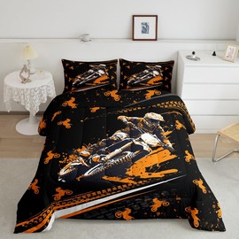 Feelyou Dirt Bike Comforter Set Twin Size Kids Racing Motocross Rider Comforter for Boys Teens Extreme Sports Bedding Set Breathable Orange Black Duvet Set Room Decor Motorcycle Quilt Set