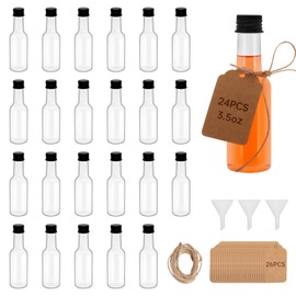 3.3 OZ Plastic Mini Liquor Bottles,thin neck Empty Spirit Bottles with Black Screw Cap,Reusable Plastic Alcohol Shot Bottles for Baby Shower,Party,Weddings 100ML (24)