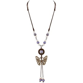 MINACHI Ceramic Beads Long Necklace, Purple White Beads with Wooden Hoop, Butterfly Pendant, Bohemian Vintage Chunky Costume Jewelry for Women