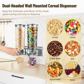 Dual-Headed Wall-Mounted Cereal Dispenser, 3L Large Capacity Dry Food Dispenser, Wall Mounting Candy Dispenser, Clear Wall Grain Dispensing Canister, Kitchen Dispenser for Coffee Beans, Nuts, Snacks