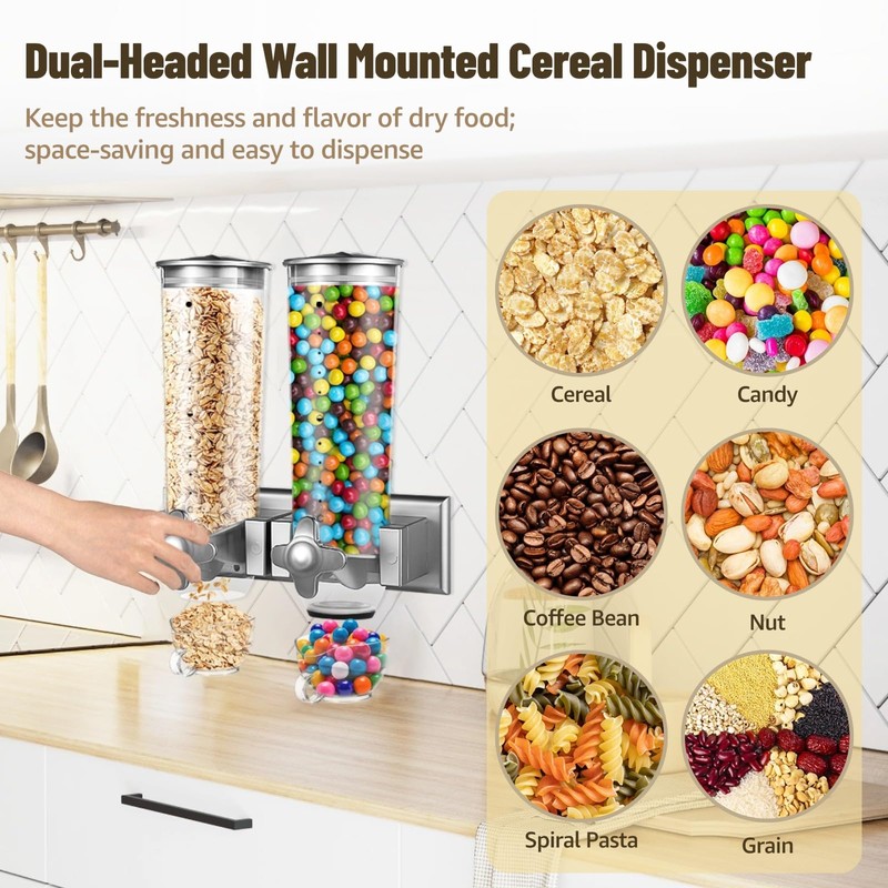 Dual-Headed Wall-Mounted Cereal Dispenser, 3L Large Capacity Dry Food Dispenser,