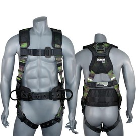 AFP Green Camouflage Demon Fall Protection Ergonomic Comfort Safety Harness, Soft Pressure-Relieving Perforated Breathable Padded Foam Shoulder, Legs & Back, 3 D-Rings, Tongue Buckle, Mating Buckle