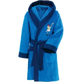 Erwin Müller Children's Dressing Gown with Hood Terry Cloth Blue Size 86/92 cm High Quality Embroidery Pirate Motif with Pockets and Tie Belt (Other Sizes), blue