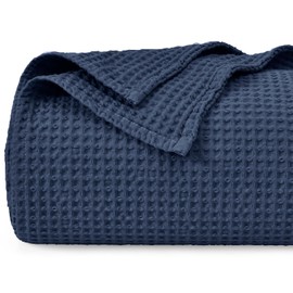 PHF 100% Cotton Waffle Weave Blanket Single Size 130 x 150cm, Pre-Washed Lightweight Breathable Throw Blanket for Summer, Oeko-TEX Certified for Bed Couch Sofa, Home Decor, Dark Navy
