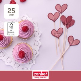 Zenker Heart Picks 25 Pieces Made of FSC™ Certified Birch Wood - Perfect for Muffins, Cakes & Appetizers, Red/Pink