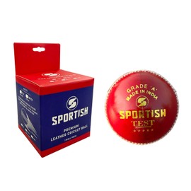 SPORTISH Premium Leather Cricket Test Ball - Red Hand Stitched Match Play