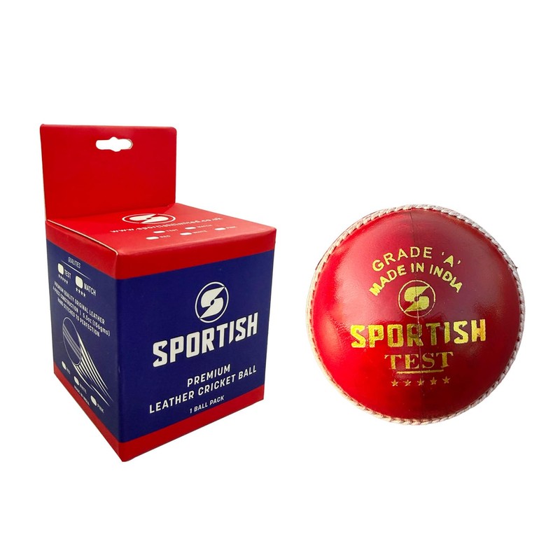 SPORTISH Premium Leather Cricket Test Ball - Red Hand Stitched