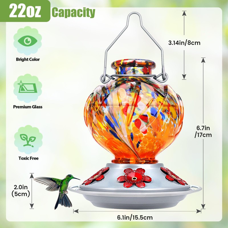 BOLITE Hummingbird Feeder, Hand Blown Glass Hummingbird Feeders for Outdoors