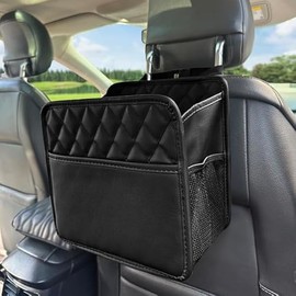 Upgrade Car Seat Organizer Backseat with Storage Pockets, Multipurpose Car Organizer Hanging, Car Trash Bag Can,Premium PU Leather Garbage Can 2.14 Gallon Large Capacity, Black.