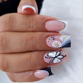 BAOYAALIN Press on Nails Medium Square French Fake Nails with Exquisite Butterfly Flower Design, Press ons Artificial Acrylic Full Cover False Stick on Nail for Women Girls Daily Wear Wedding 24Pcs