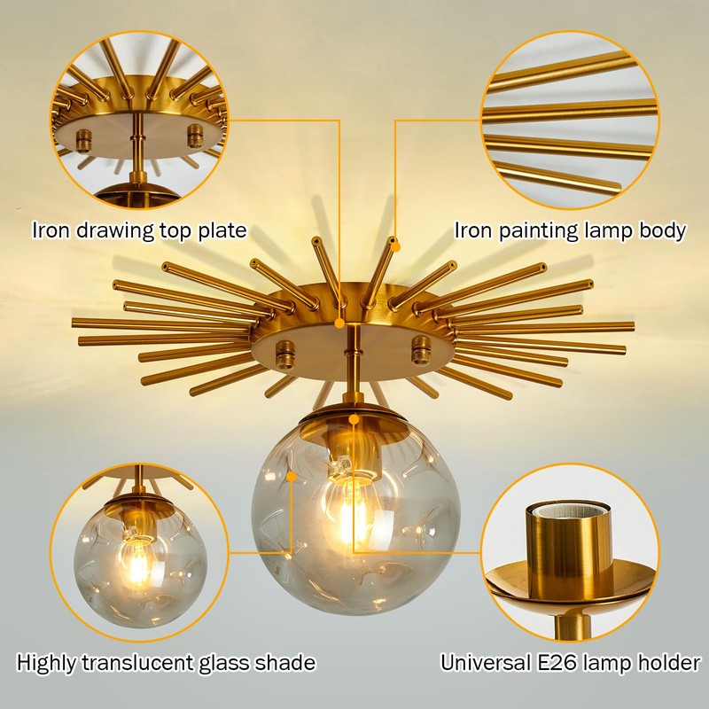 UOFUS Gold Sunburst Semi Flush Mount Ceiling Light Fixture with
