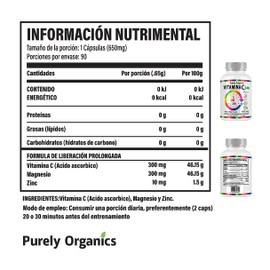 Vitamina C de liberación prolongada. Activo por 24 horas. Con 300mg de Vitamina C, 300mg de Magnesio, 10mg de Zinc. Purely Organics Combo 2 Unidades de 90 cápsulas.