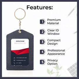 Trizek - ID Badge Luggage Tag School and Working Card tag Genuine Leather ID Card Holder Tag (Black)