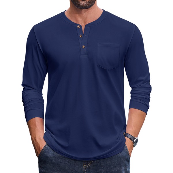 Cotrasen Mens Henley Long Sleeve Shirts Cotton Pocket Button T