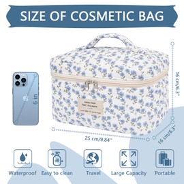 Gosect Large Makeup Bag, Cute Cosmetic Bag for Women Girls, Floral Coquette Aesthetic Toiletry Bag, Travel Make Up Organizer Bag (Blue Peacock Flower)