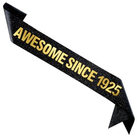 FXPATYY 1925 100th Birthday Sash for Men Women, Soft Stain Black Glitter Sash with Gold Foil