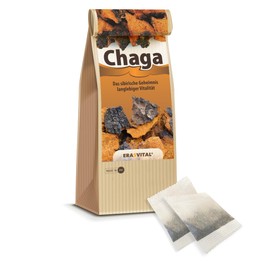Chaga mushroom portioned in 20 bags, 1 g each, wild collected, gently dried, vegan quality from specialist retailer brochure with many recipes