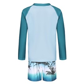 Zestonie Big Boys Two Piece Rash Guard Swimsuits Set with Swim Trunk Kids Long Sleeve Bathing Suit Swimwear Set Aqua Green Palm Beach Size 14/12-14 Years
