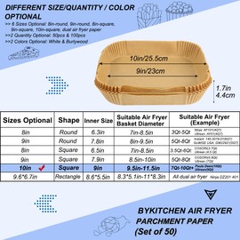 BYKITCHEN Large Air Fryer Liners, 10 Inch Square Air Fryer Liners, XL Air Fryer Parchment Paper, Compatible with Corsori, Power XL, Gourmia Air Fryer and More (Set of 50)